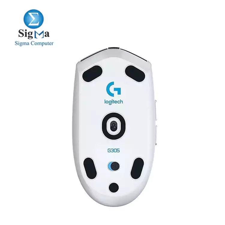 Logitech G305 White Lightspeed Wireless Gaming Mouse features a HERO sensor (200-12,000 DPI), 1000Hz wireless report rate, 250-hour battery life, 99g weight, and 2-year warranty 910-005292 - Main view