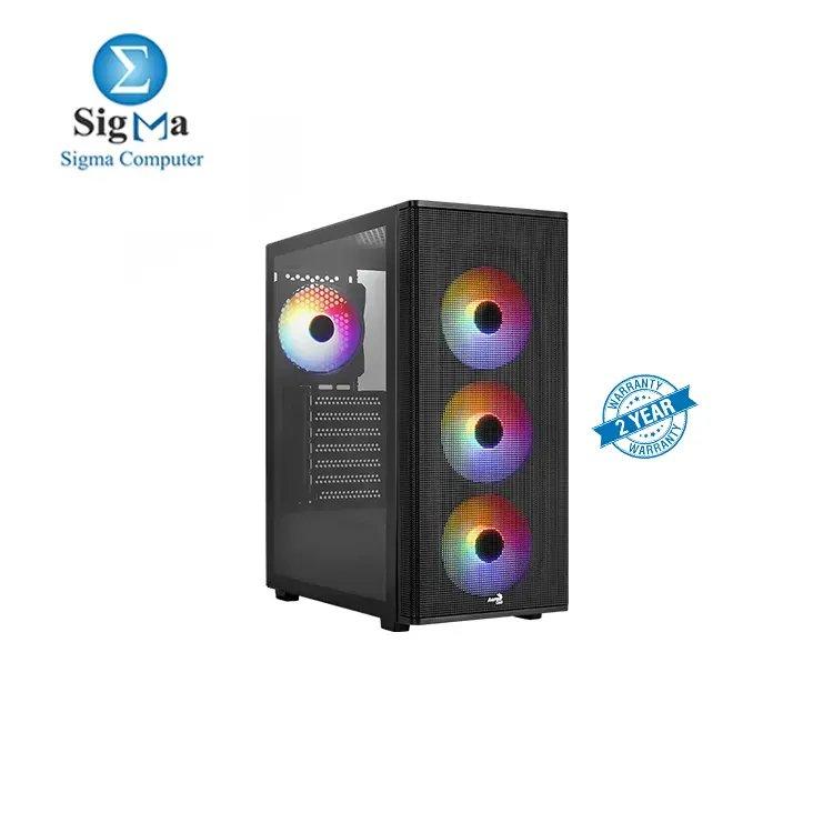Aerocool Designer Mid Tower Case supports ATX/mATX/ITX, includes 4 RGB fans, mesh front panel, tempered glass side, 360mm radiator support, and 345mm GPU clearance. - Main view