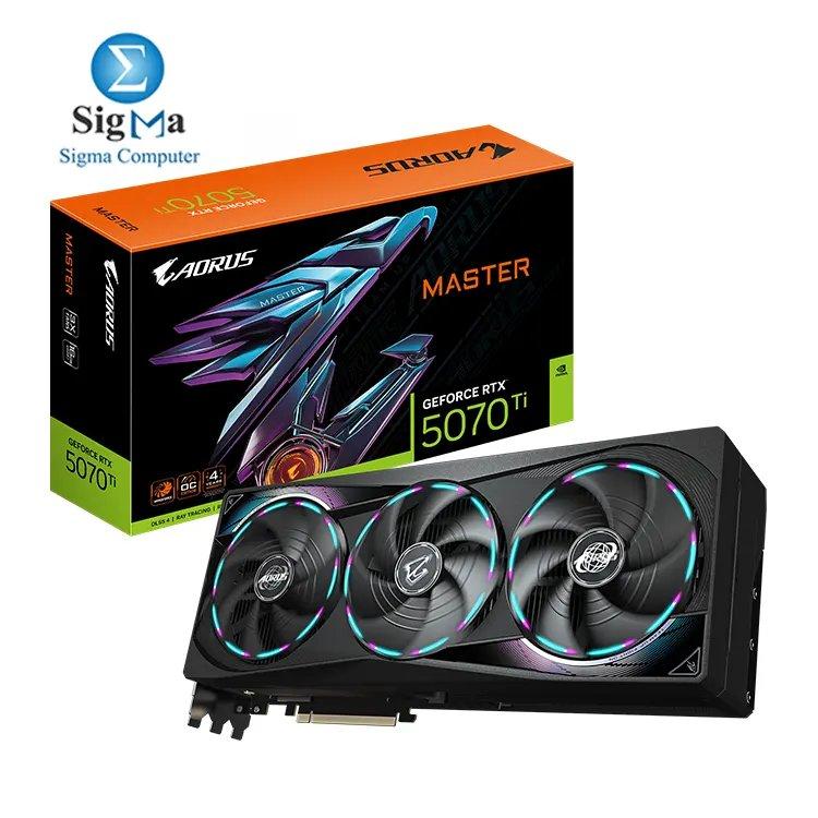 Gigabyte AORUS GeForce RTX™ 5070 Ti MASTER 16G features a 2670 MHz core clock, 16GB GDDR7 memory, 8960 CUDA cores, PCI-E 5.0, 7680 x 4320 max resolution - Main view