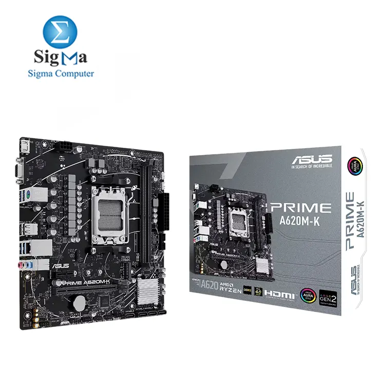 ASUS PRIME A620M-K micro-ATX motherboard, DDR5, PCIe 4.0 Graphics card and PCIe 4.0 M.2 support, HDMI™, VGA, USB 3.2 Gen 1 Type-A, SATA 6 Gbps, Two-Way AI Noise Cancelation, Aura Sync - Main view