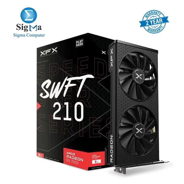 XFX SPEEDSTER SWFT 210 AMD Radeon RX 7600 8GB GDDR6, 2048 stream processors, 4K support, PCI-E 4.0, 2655 MHz boost clock, and dual-fan cooling - Main view