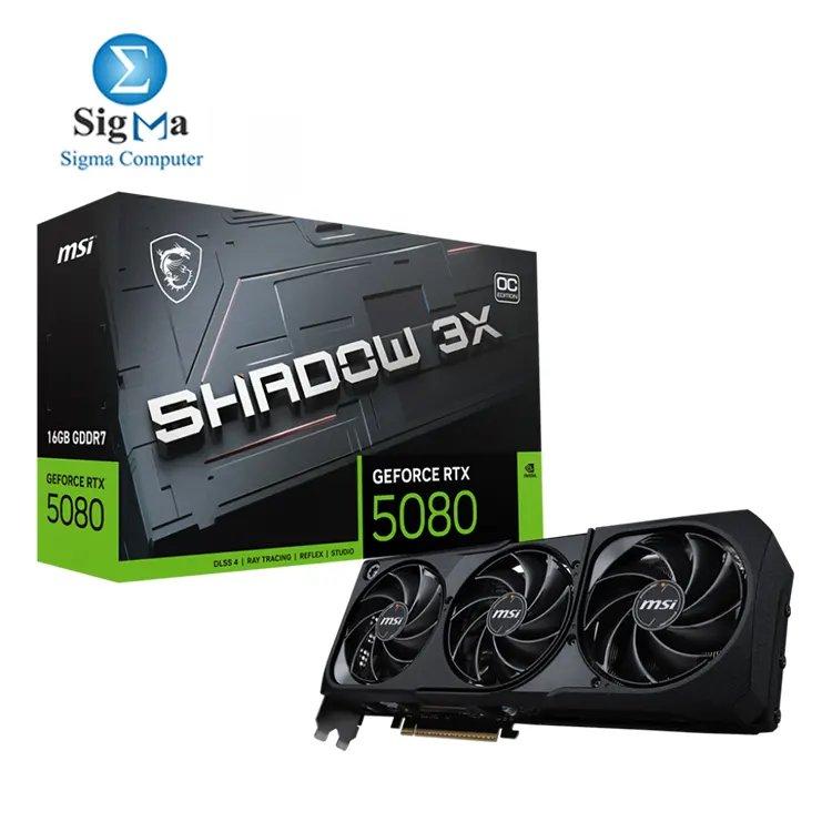 MSI GeForce RTX™ 5080 16G SHADOW 3X OC – 16GB GDDR7, 10752 CUDA cores, 2655MHz boost, PCIe Gen 5, 360W TDP, triple fan cooling, 3x DP 2.1b, 1x HDMI 2.1b - Main view