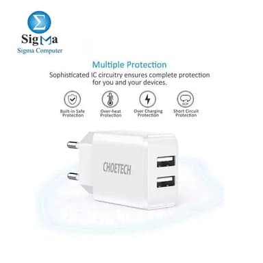 CHOETECH Charger USB Fast Charging 2 Port 2A EU Plug - C0030EU-WH - View 5