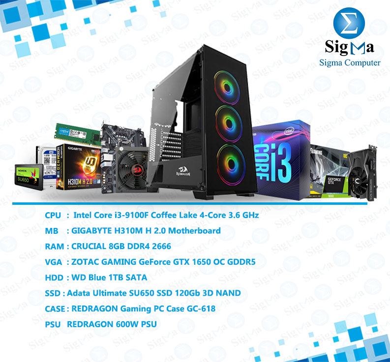 BUNDLE Intel Core i3-9100F - Gigabyte H310M H2 - 8GB DDR4 - GTX 1650 - WD1TB -  12GB SSD - REDRAGON  GC-618 CASE - Redragon 600W