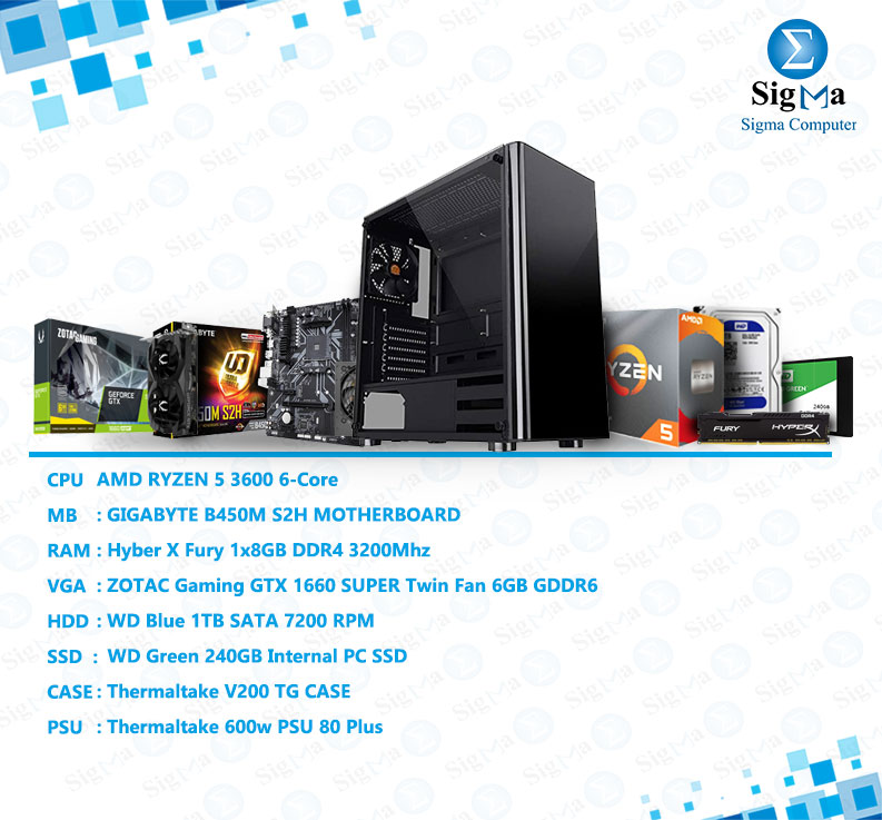 BUNDLE RYZEN 5 3600- ZOTAC GTX 1660 SUPER Twin Fan 6GB - B450M DS3H motherboard - WD Blue 1TB - Hyber X Fury 8GB DDR4 3200 - Green 240GB - Thermaltake V200 TG +600W 80+