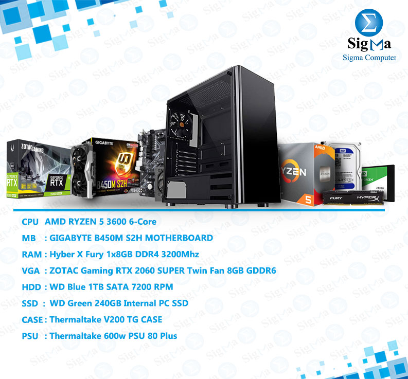 BUNDLE RYZEN 5 3600- ZOTAC RTX 2060 SUPER Twin Fan 8GB - B450M DS3H motherboard - WD Blue 1TB - Hyber X Fury 8GB DDR4 3200 - Green 240GB - Thermaltake V200 TG  600W 80 