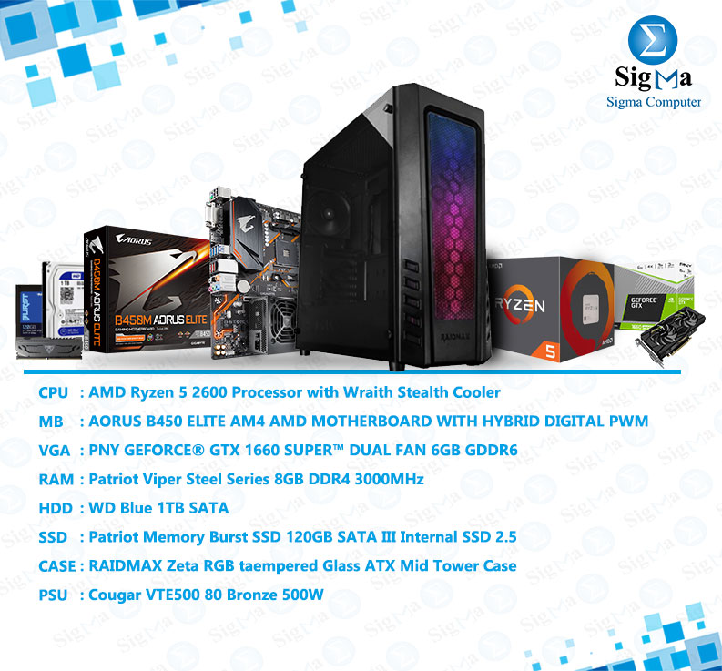 BUNDLE AMD Ryzen 5 2600 Processor - AORUS B450 ELITE AM4 AMD Motherboard -  PNY GTX 1660 SUPER - Viper 8GB DDR4 3000MHz - 1TB  - PATRIOT 120-GBRAIDMAX Zeta RGB +500W  B 