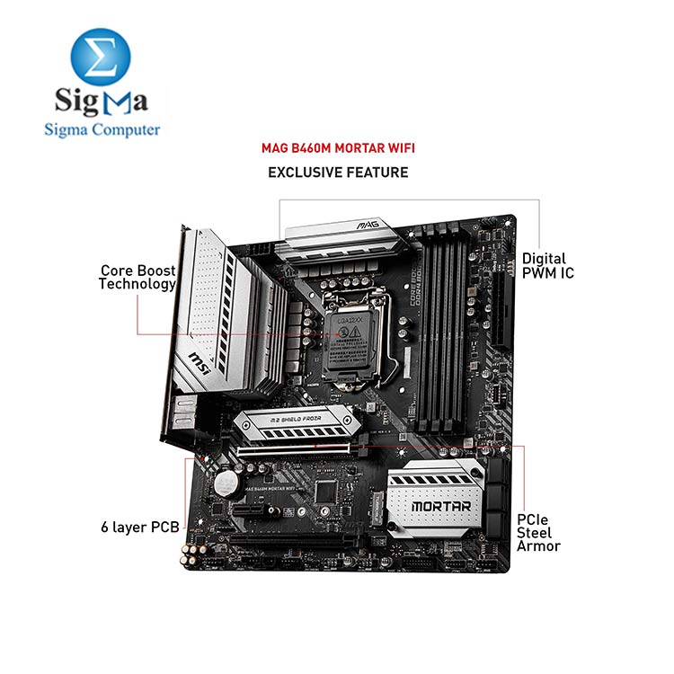 MSI MAG B460M Mortar WiFi Gaming Motherboard (mATX, 10th Gen Intel Core, LGA 1200 Socket, DDR4, CFX, Dual M.2 Slots