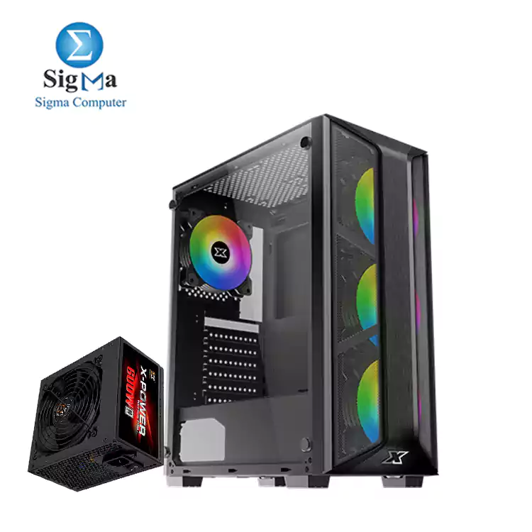 XIGMATEK TRIO GAMING MID TOWER CASE ATX USB3.0x1 USB2.0x2 Meshed Grill FP Left TG 4PCS X20F Fan+X-POWER 600W 80 PLUS PSU