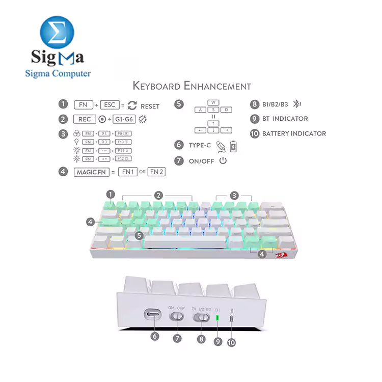 Redragon K530W Draconic RGB Wireless Mechanical Keyboard-BROWEN SWITCH-WHITE