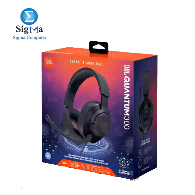 JBL Quantum 300 Hybrid wired over-ear gaming headset with flip-up mic