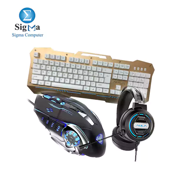 KEYBOARD AULA MECHANCAIL SI 2009 GOLD/WHIT ,HEADPHONE AULA GAMING 603 USB MOUSE AULA S20