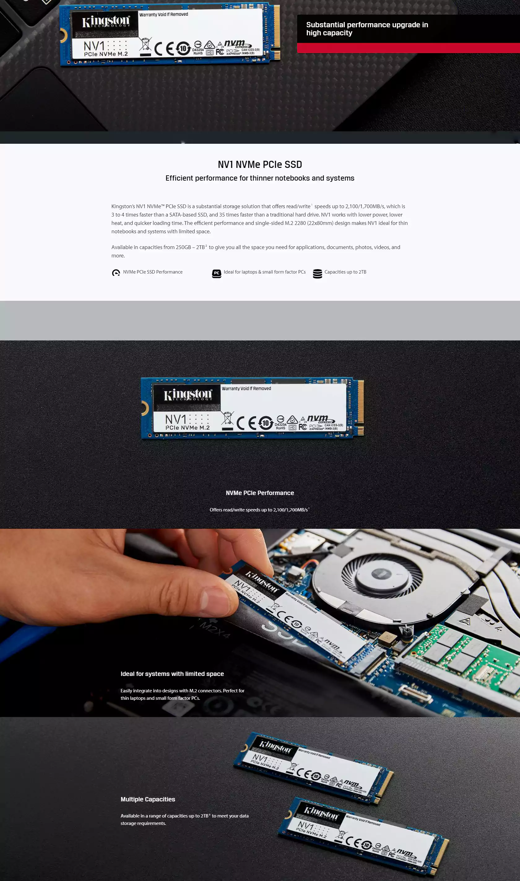 Kingston NV1 250G M.2 2280 NVMe PCIe Internal SSD Up to 2100 MB/s