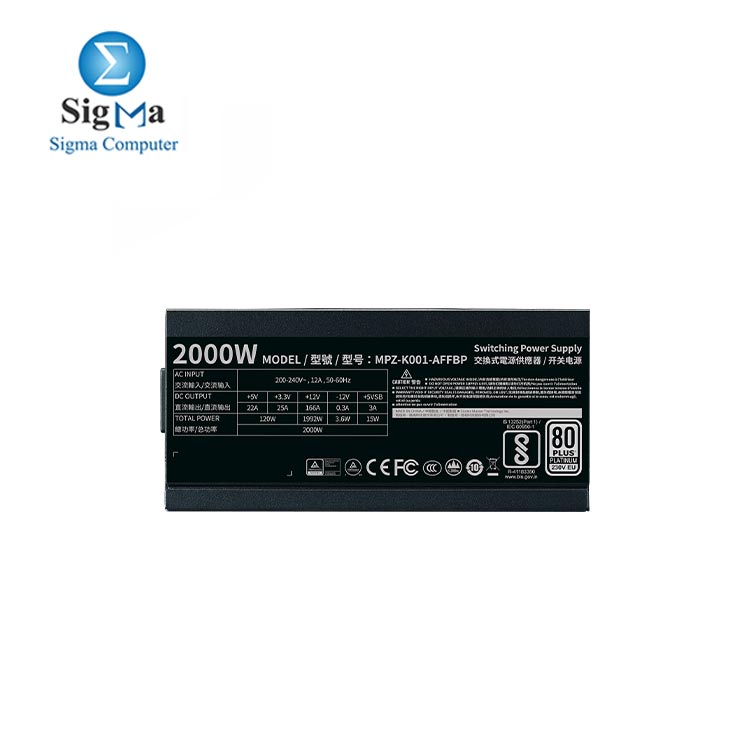 Cooler Master M2000 Full Modular 2000W PSU  80 PLUS Platinum  ATX 12V V2.52  135mm Fan  18x PCIe  94  Efficiency
