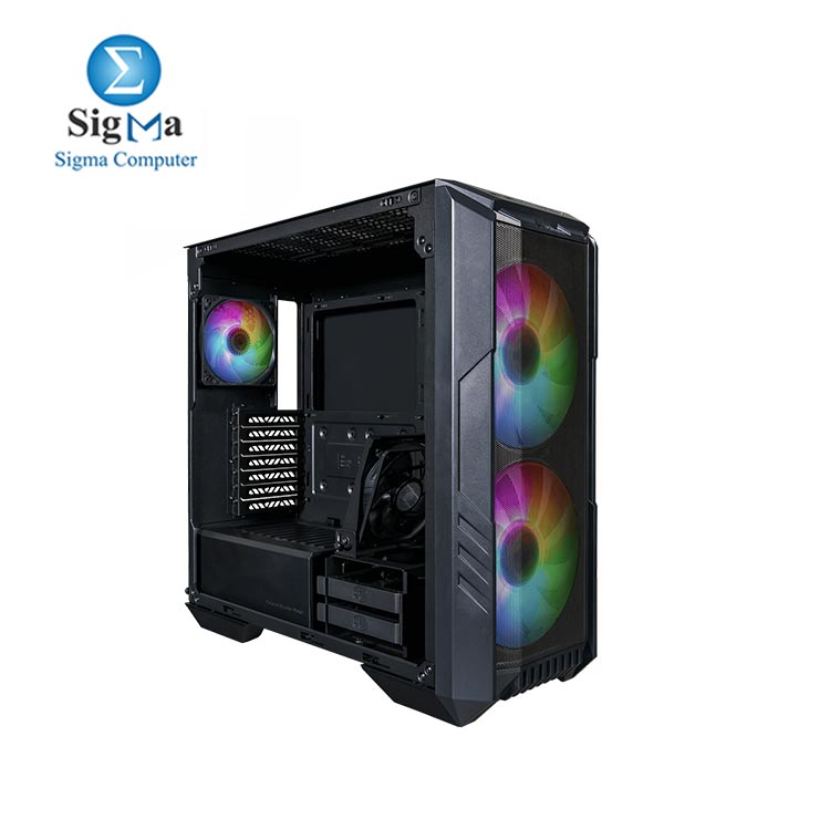 CASE-COOLER MASTER-HAF500 PC Case: Mid-Tower, 2 x 200mm Pre-Installed ARGB Fans for High-Volume Airflow, Rotatable 120mm GPU Fan, Versatile Cooling Options, Tempered Glass Side Panel, Removeable Top