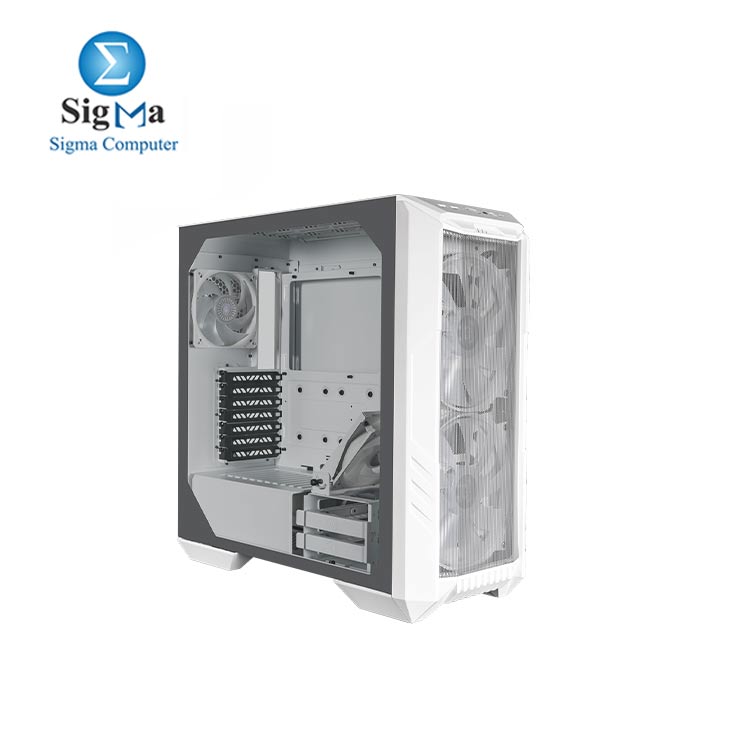 Cooler Master HAF500 White Edition  ATX Mid-Tower with tempered glass  dual 200mm ARGB fans  USB 3.2 Gen 2 Type-C  rotatable GPU fan  support for up to E-ATX motherboards and dual 360mm radiators