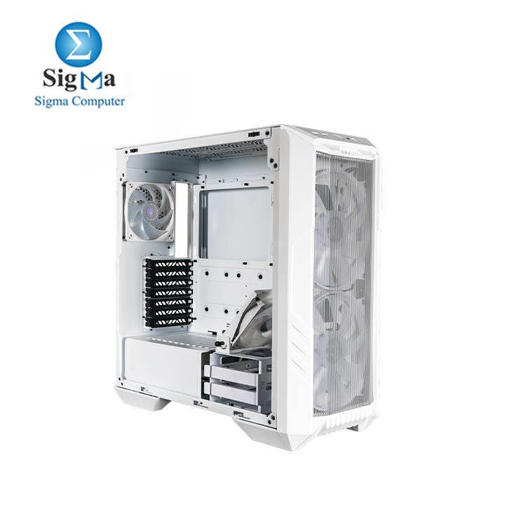 Cooler Master HAF500 White Edition  ATX Mid-Tower with tempered glass  dual 200mm ARGB fans  USB 3.2 Gen 2 Type-C  rotatable GPU fan  support for up to E-ATX motherboards and dual 360mm radiators