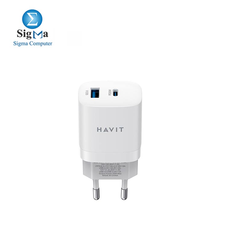 HAVIT UC30 Wall Charger – 33W fast charging with USB-C PD & USB-A QC3.0, GaN tech, PPS support, and universal compatibility