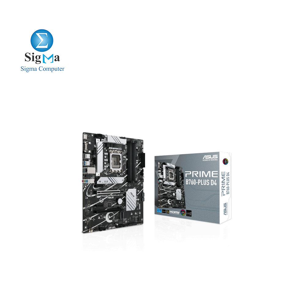 ASUS Prime B760-PLUS D4, an Intel® B760 LGA 1700 ATX motherboard with PCIe 5.0, three PCIe 4.0 M.2 slots, DDR4, Realtek 2.5Gb Ethernet, DisplayPort, VGA, HDMI®, SATA 6 Gbps, USB 3.2 Gen 2x2 Type-C®, front USB 3.2 Gen 1 Type-C®, Thunderbolt™