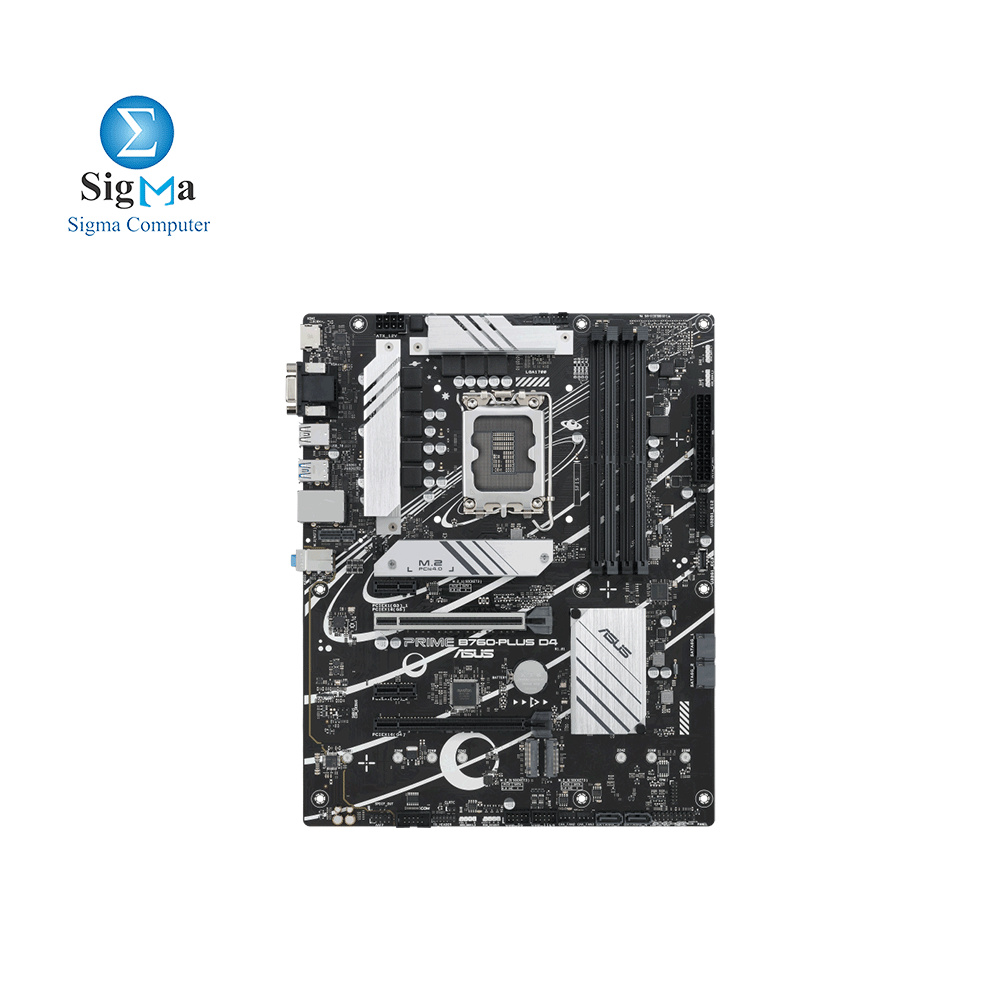 ASUS Prime B760-PLUS D4, an Intel® B760 LGA 1700 ATX motherboard with PCIe 5.0, three PCIe 4.0 M.2 slots, DDR4, Realtek 2.5Gb Ethernet, DisplayPort, VGA, HDMI®, SATA 6 Gbps, USB 3.2 Gen 2x2 Type-C®, front USB 3.2 Gen 1 Type-C®, Thunderbolt™