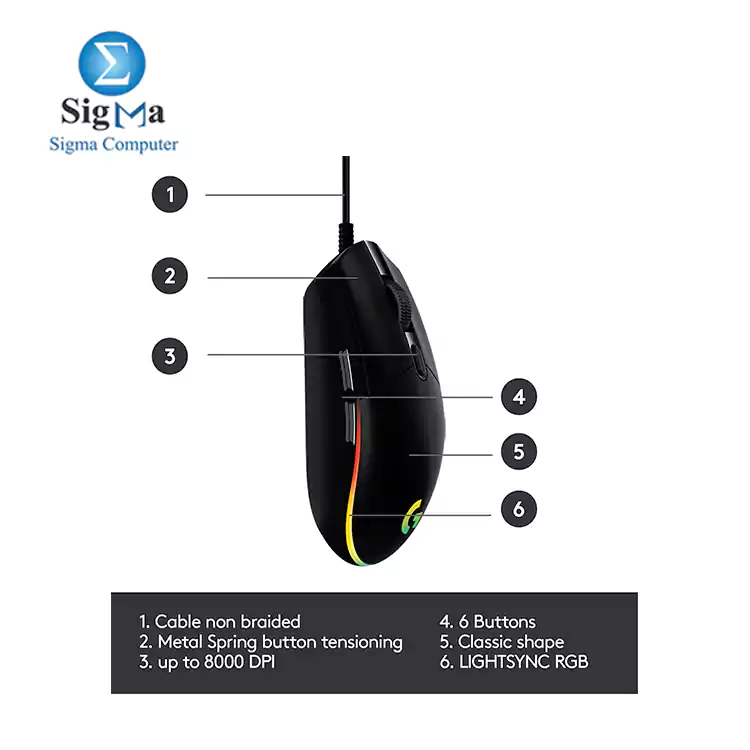 Logitech G102 Light Sync Gaming Mouse with Customizable RGB Lighting  6 Programmable Buttons  Gaming Grade Sensor  8 k dpi Tracking 16.8mn Color  Light Weight - Black