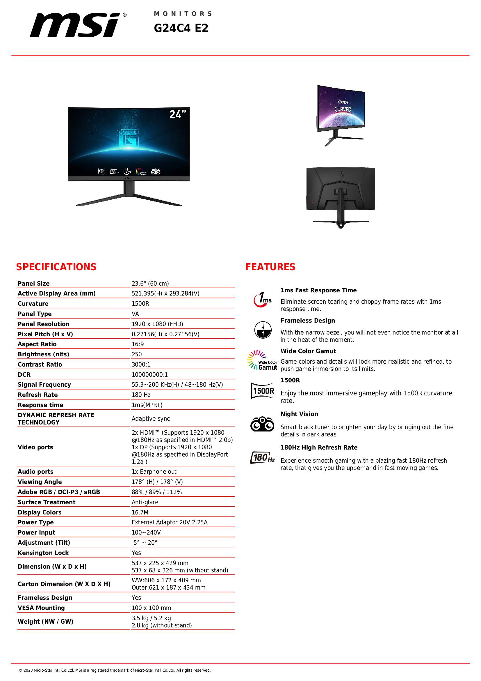 MSI Optix G24C4 E2 - 24inch - 180Hz - 1Ms - Curved Gaming