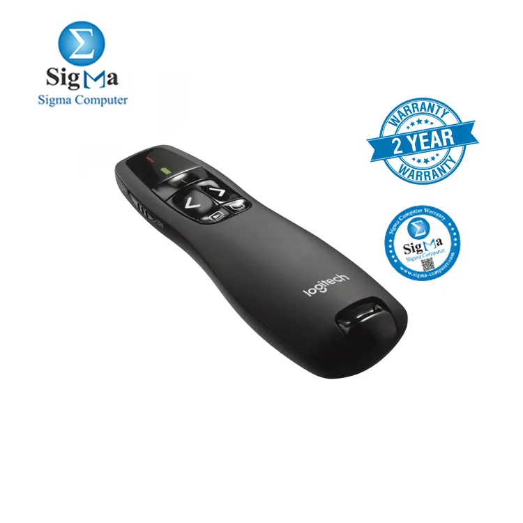 Logitech R400 wireless presentation remote with a 2.4 GHz connection  32.81 ft range  Class 2 laser  640   660 nm   and up to 1050-hour battery life with 2 AAA batteries