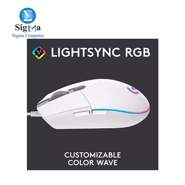 Logitech G102 LIGHTSYNC Gaming Mouse features 8 000 dpi  6 programmable buttons  LIGHTSYNC RGB lighting  1000Hz report rate  and a 2.1m cable 910-005824 