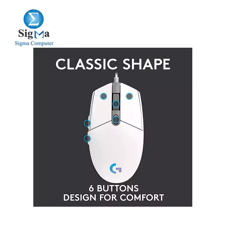 Logitech G102 LIGHTSYNC Gaming Mouse features 8 000 dpi  6 programmable buttons  LIGHTSYNC RGB lighting  1000Hz report rate  and a 2.1m cable 910-005824 