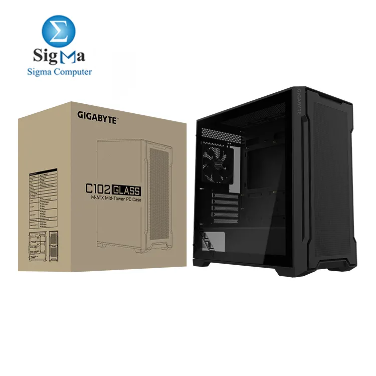 GIGABYTE C102 GLASS Mid-tower case with tempered glass  supports Mini ITX Micro ATX  410mm GPUs  165mm CPU coolers  360mm radiators  2x USB 3.0  and dust filters