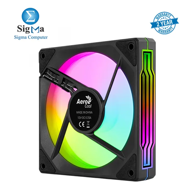 AeroCool Phantom M-3 Reverse ARGB 120mm PWM fan with reverse blades  ARGB infinity mirror  1800 RPM max speed  49.8 CFM airflow  and RGB sync support.