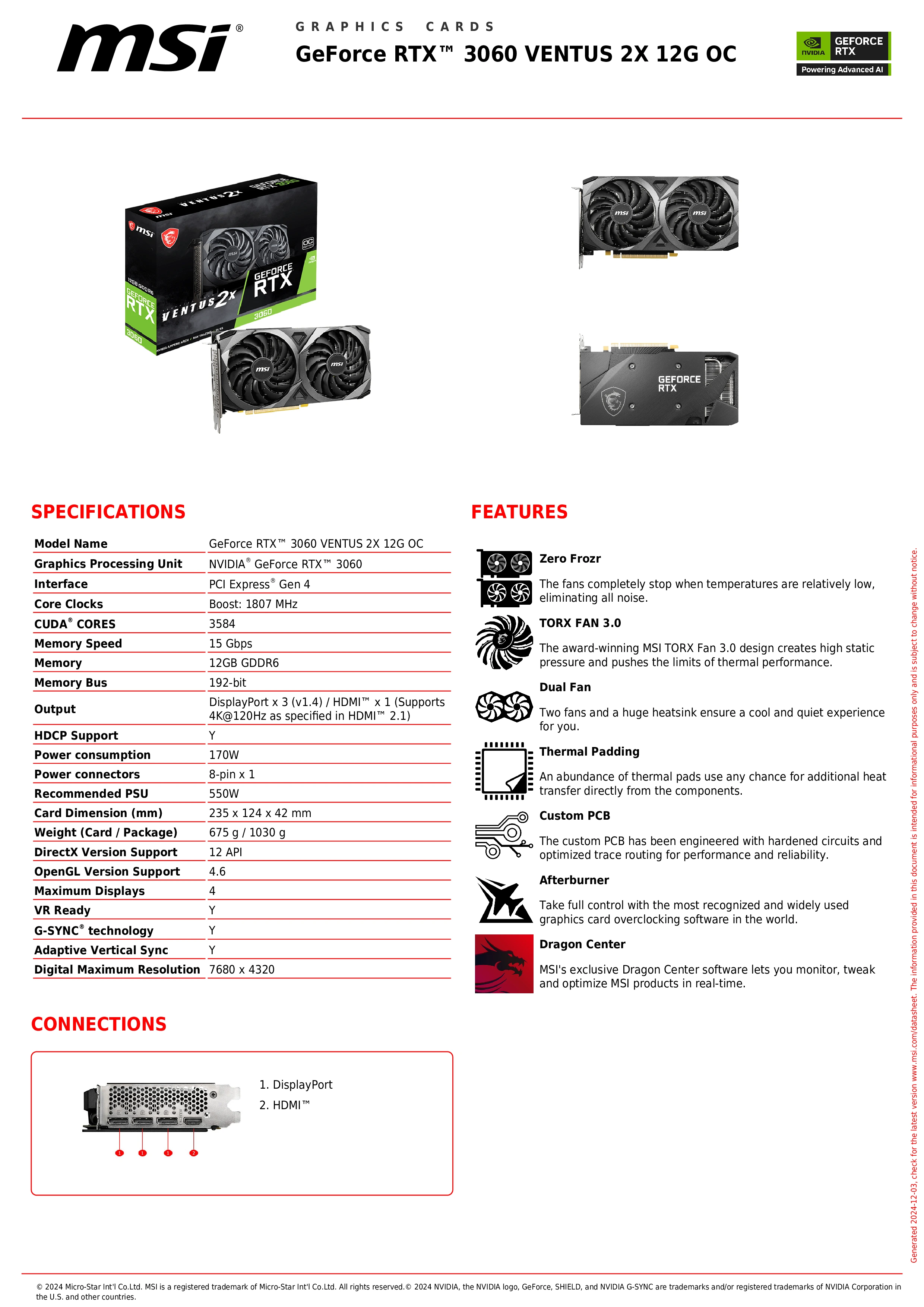 MSI RTX 3060 VENTUS 2X 12G OC – 12GB GDDR6, 1807MHz Boost
