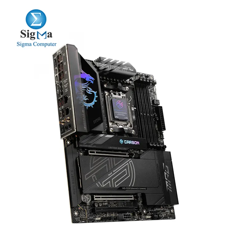 MSI MPG X870E CARBON WIFI supports AMD Ryzen AM5 Series CPUs, DDR5 memory up to 256GB, PCIe 5.0, Wi-Fi 7, 5G LAN, and advanced cooling with Frozr Guard