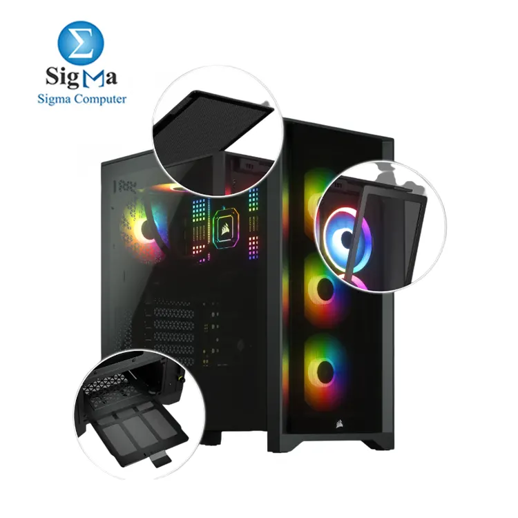 CORSAIR 4000X RGB Black     Mid-Tower ATX case with tempered glass  supports up to 360mm GPU  170mm CPU cooler  360mm radiator  includes 3x 120mm RGB fans  and features USB-C front I O
