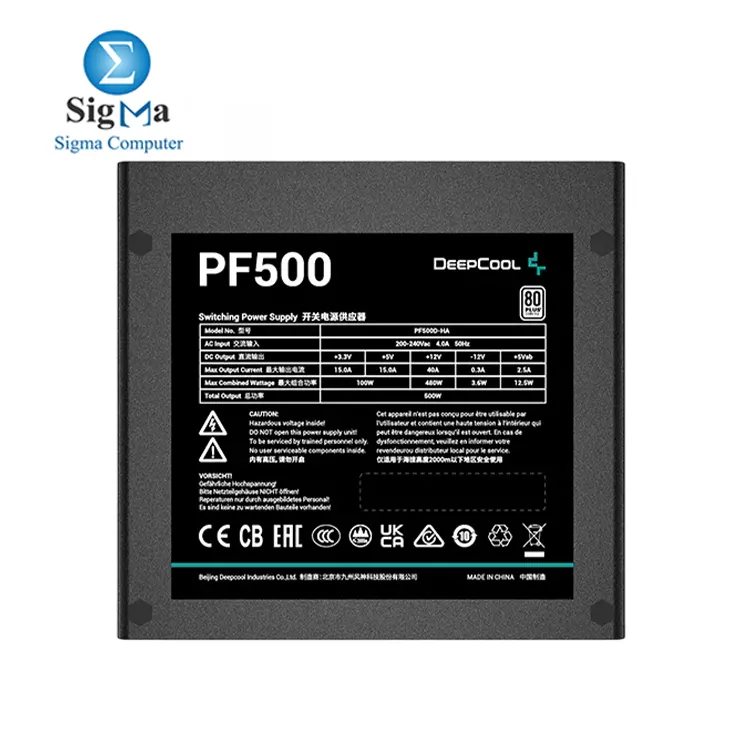 DeepCool PF500 – 80 PLUS 230V EU certified 500W, 120mm hydraulic bearing fan, flat black cables, OPP/OVP/SCP protection, and 100,000-hour MTBF