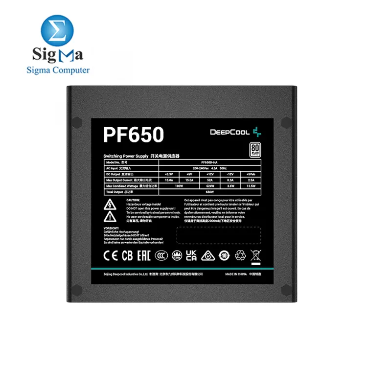DeepCool PF650   80 PLUS 230V EU   650W   120mm Hypro Bearing Fan   Flat Black Cables   OPP  OVP  SCP Protection   24 20 4  Pin  8 4 4  Pin  6 2 Pin x2  SATA x6   150  140  86mm   MTBF 100 000 Hours