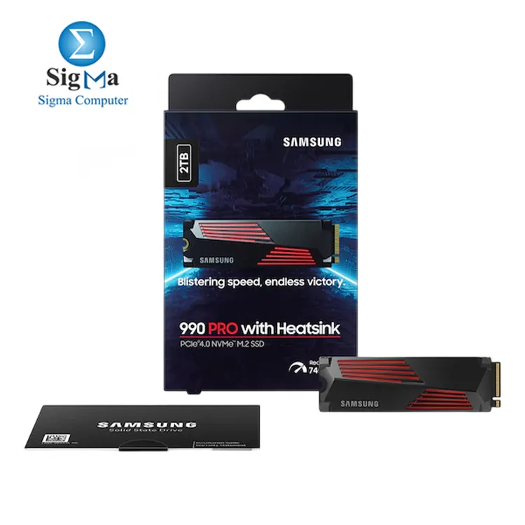 Samsung 990 PRO w/ Heatsink 4TB SSD NVMe M.2 – PCIe 4.0, up to 7,450 MB/s read, 6,900 MB/s write, 1.6M IOPS, V-NAND TLC, 4GB DDR4 cache, heatsink, 3-year warrant