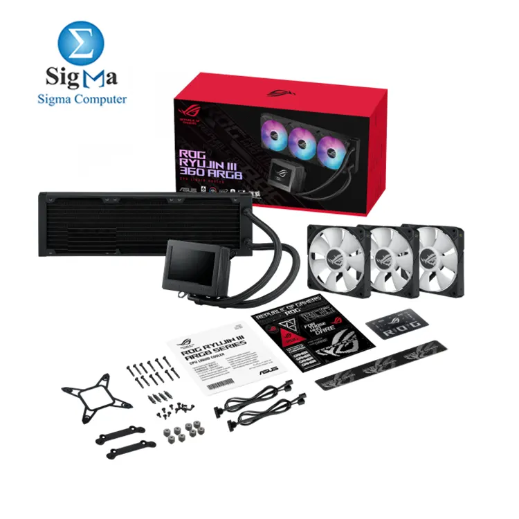 ASUS ROG Ryujin III 360 ARGB features a 3.5 full-color LCD  8th Gen Asetek pump  embedded Axial-tech fan for VRM cooling  magnetic daisy-chainable ARGB fans  and extensive Intel and AMD compatibility with a 3-year warranty