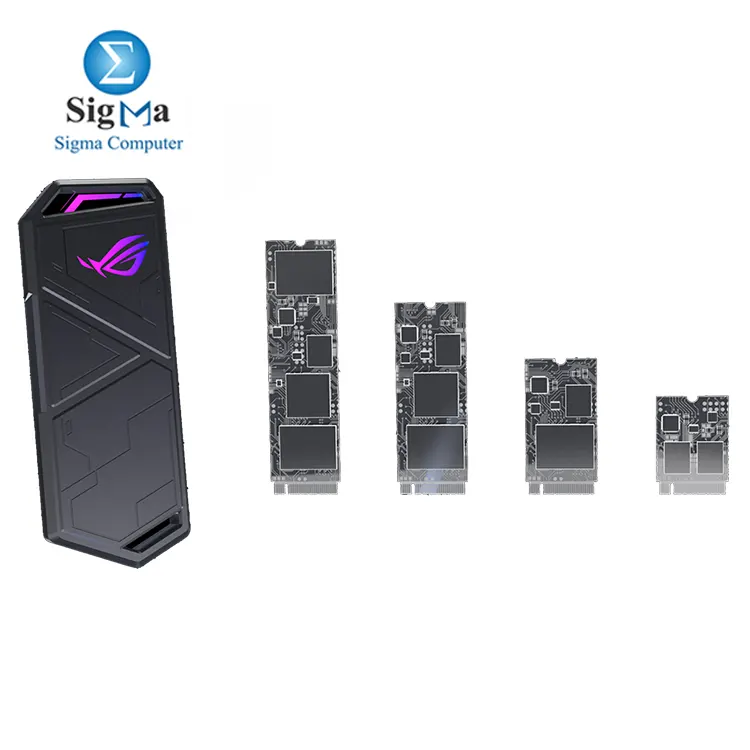 ROG Strix Arion Lite USB-C 3.2 Gen 2 enclosure for M.2 NVMe SSDs (2230–2280), tool-free design, aluminum casing, Aura Sync lighting, up to 10 Gbps speed