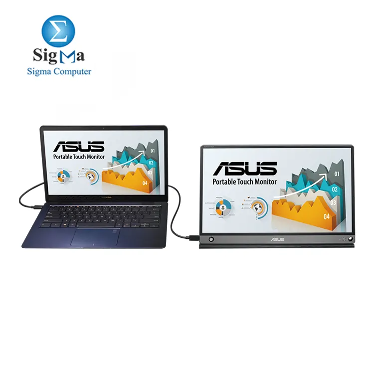 ASUS ZenScreen Touch MB16AMT is a 15.6-inch Full HD IPS portable monitor with 10-point touch  USB-C and Micro HDMI connectivity  a 7800mAh battery for up to 4 hours of use  and a foldable smart case