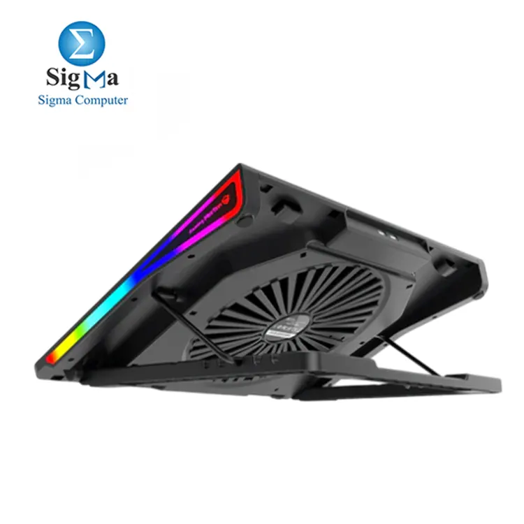 Meetion CP5050 – RGB cooling pad with large silent fan, 5-level adjustable height, aluminum top, USB powered, supports 9”–19” laptops