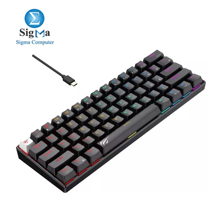 Havit KB903L: 61-key red switch mechanical gaming keyboard with rainbow LED backlight, USB/Type-C wired, removable cable, ergonomic design, 50 million key life