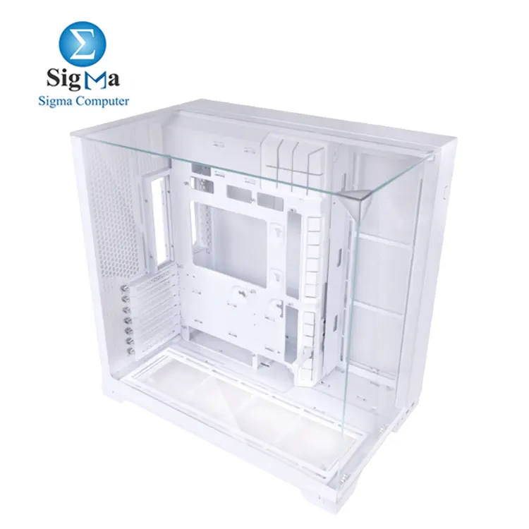 Lian Li O11 VISION (O11VPW White): Tower chassis, supports ATX/E-ATX boards, up to 408mm GPU, 167mm CPU cooler, 11 fans, 360mm radiator, tempered glass panels, multiple SSD/HDD slots.