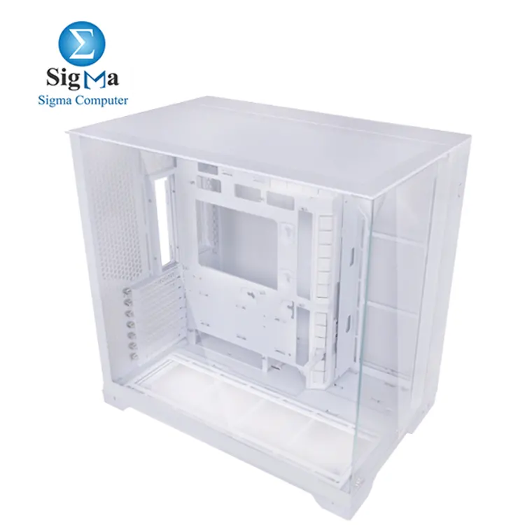 Lian Li O11 VISION (O11VPW White): Tower chassis, supports ATX/E-ATX boards, up to 408mm GPU, 167mm CPU cooler, 11 fans, 360mm radiator, tempered glass panels, multiple SSD/HDD slots.