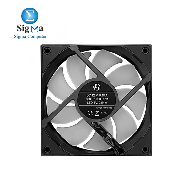 Lian Li ST120: 120mm PWM fan, 800-1900 RPM, 69.17 CFM airflow, 2.6 mmH₂O pressure, 32 dB noise, FDB bearing, ARGB lighting.