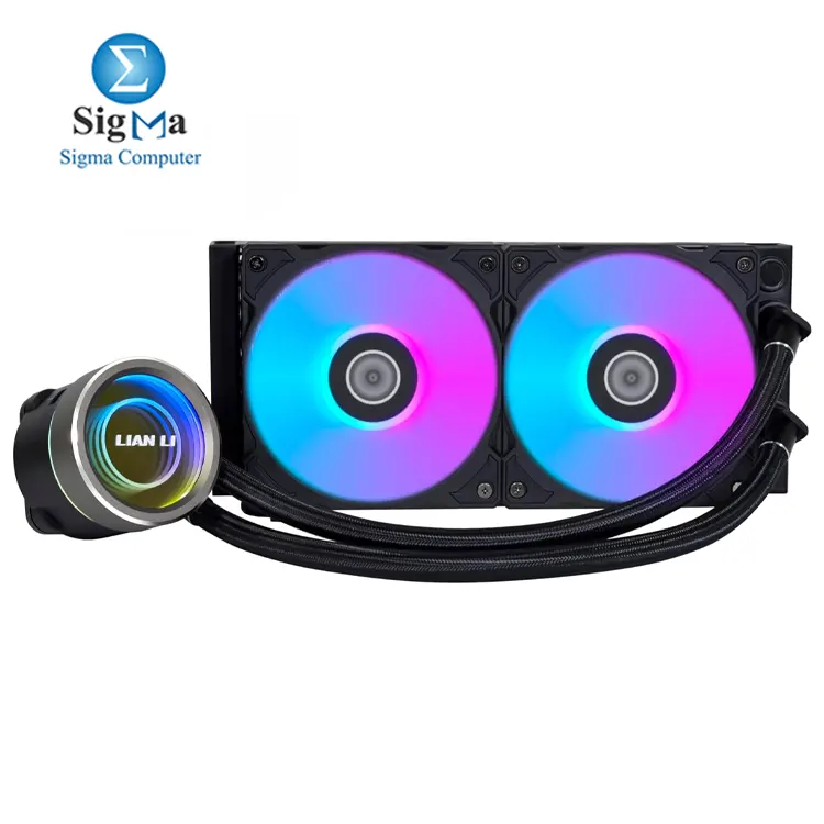Lian Li Galahad II Trinity 240MM: High-performance AIO cooler with 3200 RPM pump, 240mm radiator, 120mm ARGB fans, 79.9 CFM airflow, low noise, and Intel/AMD socket compatibility.