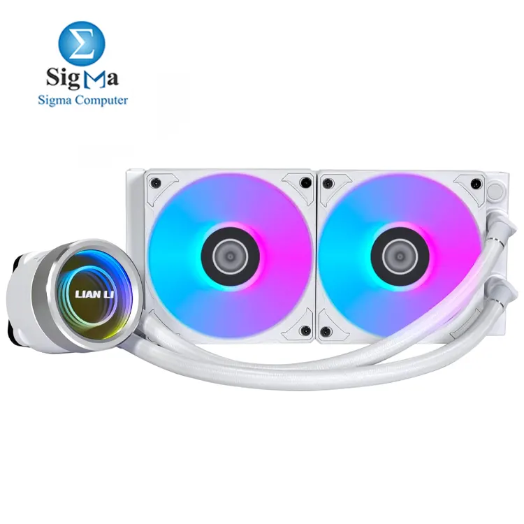 Lian Li Galahad II Trinity 240MM GA2T24W WHITE: 3200 RPM pump, 240mm radiator, 120mm ARGB fans, 79.9 CFM airflow, 30 dB noise, Intel LGA 1700/1200/115x & AMD AM5/AM4 compatible.