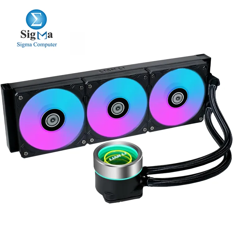 Lian Li GA II Trinity 360 GA2T36B BLACK: 360mm AIO liquid cooler with 3200 RPM pump, 120mm ARGB fans, 79.9 CFM airflow, and support for Intel LGA 1700/1200/115x & AMD AM5/AM4 sockets.