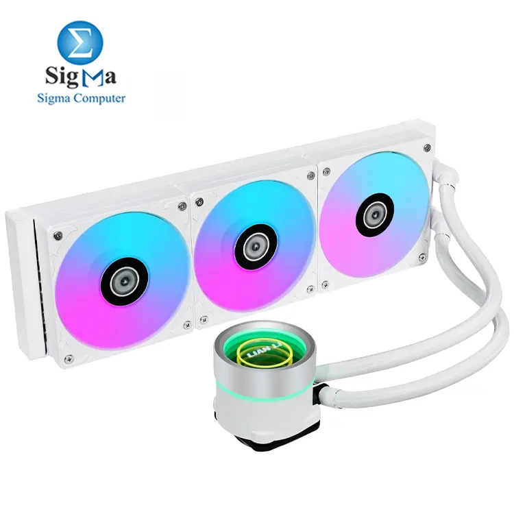 Lian Li GA II Trinity 360MM WHITE     3 pump caps  3200RPM pump  ARGB fans  copper cold plate  Intel   AMD socket support.