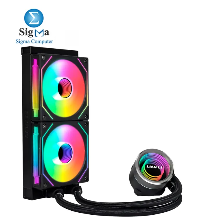 Lian Li GA II TRINITY SL-INF 240MM  3200 RPM pump  240mm radiator  2100 RPM ARGB fans  61.3 CFM airflow  compatible with Intel LGA1700 1200 115x and AMD AM5 AM4 sockets.